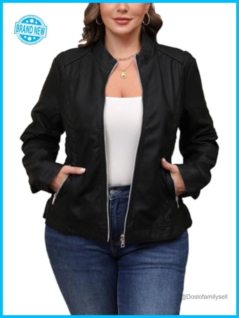 Faux Leather Moto Biker Jacket Stand Collar Zip Front Women's